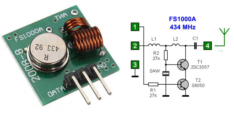 Устройство которое на стороне передатчика. Передатчик fs1000a передача. Схема передатчика fs1000a. Передатчик 433 МГЦ. Радиомодуль fs1000a 433mhz схема.